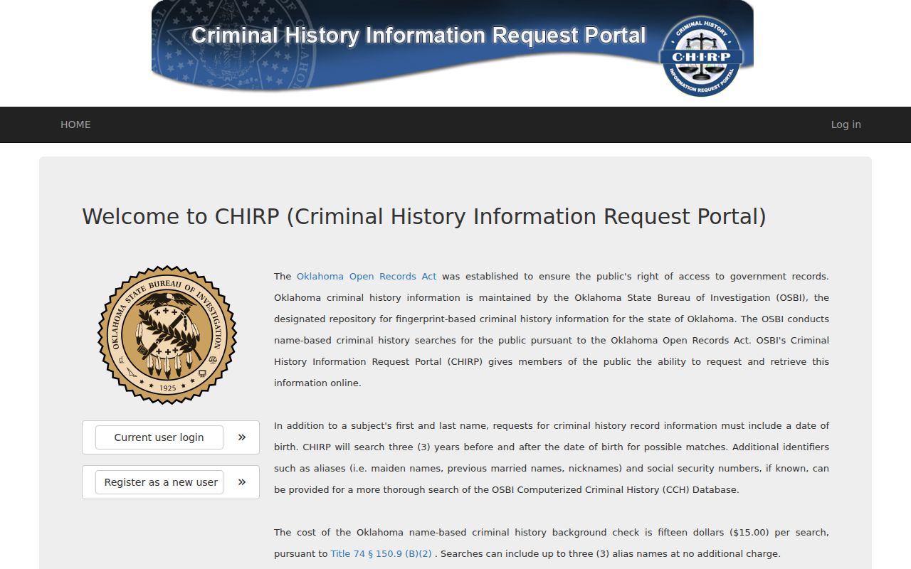 Bixby resident lookup view of the OSBI CHIRP official search service