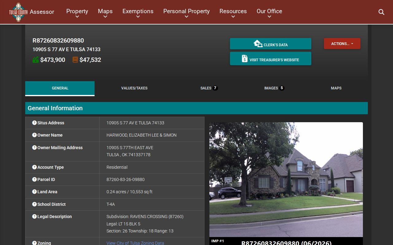 Bixby street directory example of a Tulsa County assessor parcel card